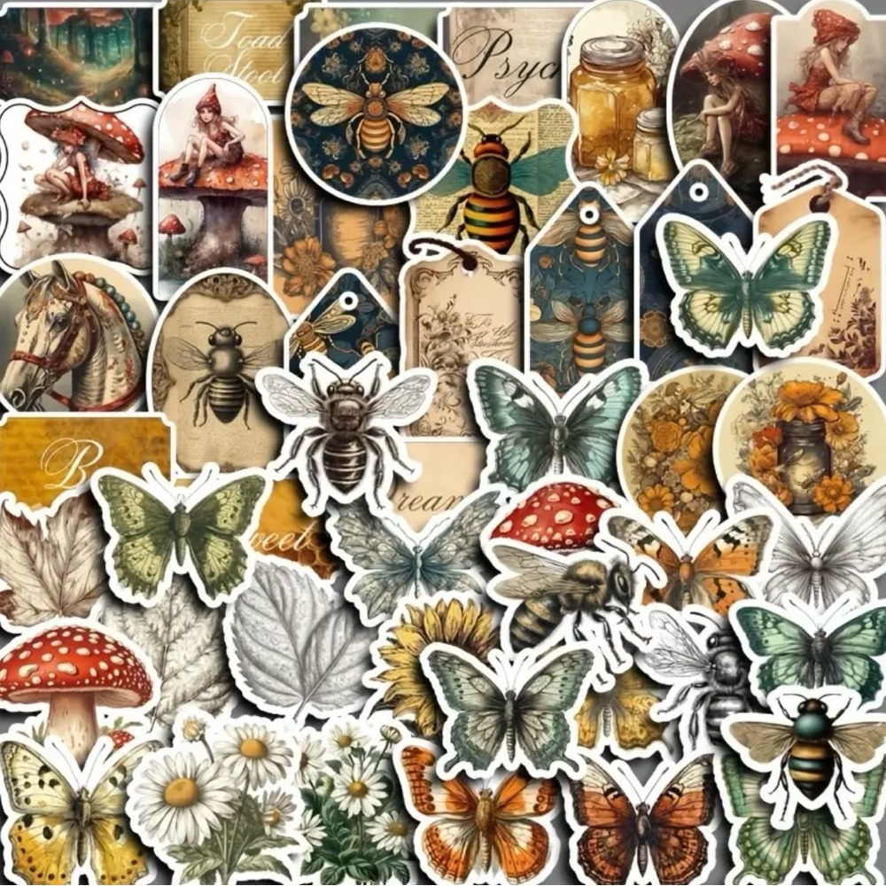 50 Vintage Forest Stickers Butterflies Bees Mushrooms Flowers Leaves